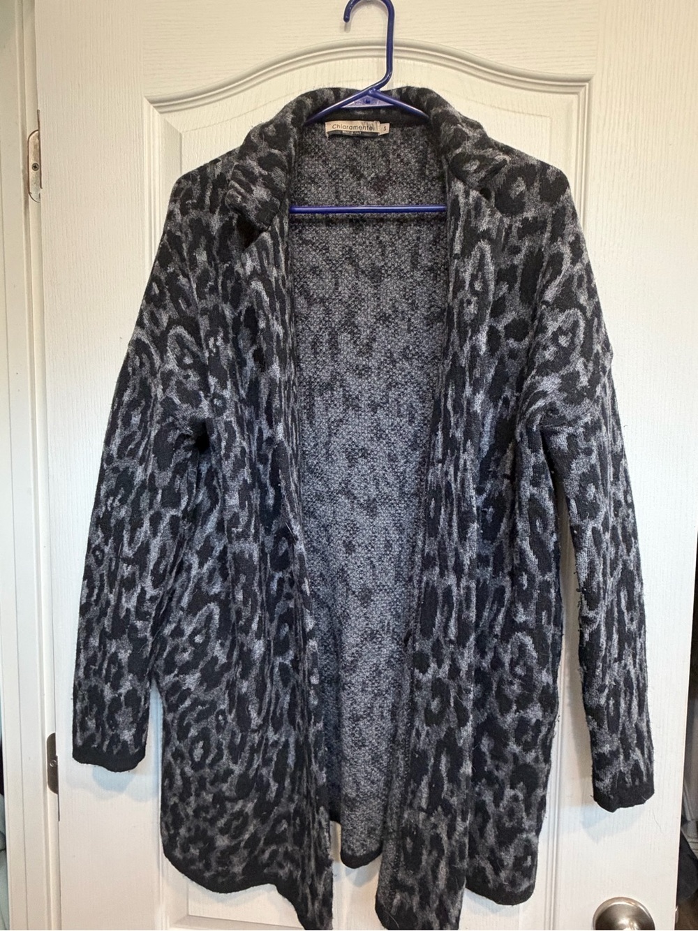 Open-Front Grey Leopard Print Women's Cardigan Sweater